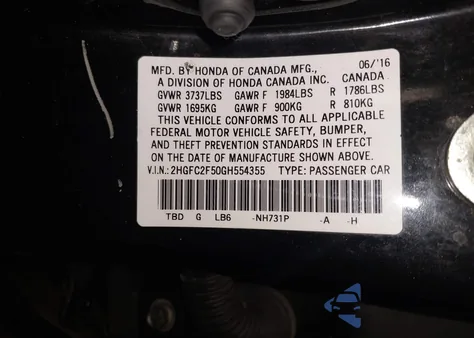 2016 Honda Civic Lx из США, поврежденный, VIN 2HGFC2F50GH554355